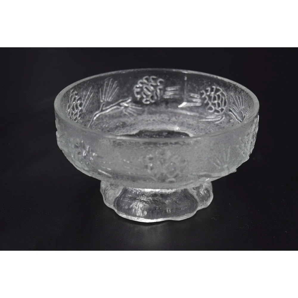 Vintage Pinecone Textured Glass Pedestal Bowl and 4 Serving Cups Set Clear Good